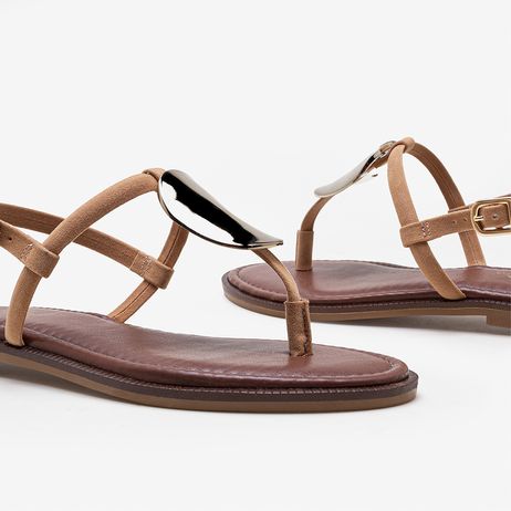 Sandália Feminina Lunna Couro Metal Marrom Bege